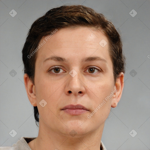 Neutral white young-adult female with short  brown hair and brown eyes