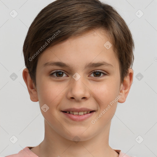 Joyful white child female with short  brown hair and brown eyes