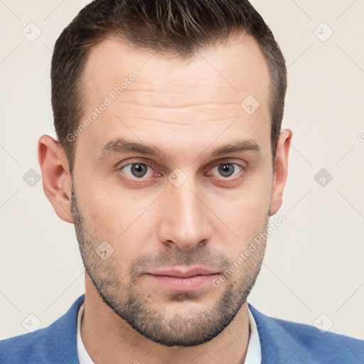 Neutral white young-adult male with short  brown hair and brown eyes