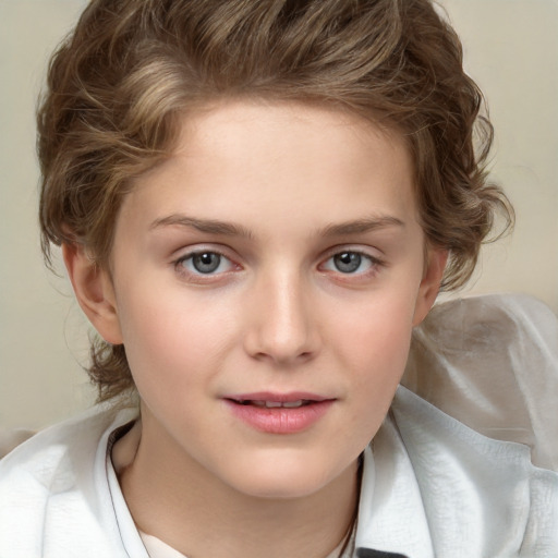 Joyful white child female with medium  brown hair and brown eyes