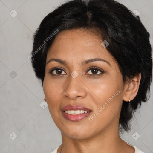 Joyful white young-adult female with short  black hair and brown eyes