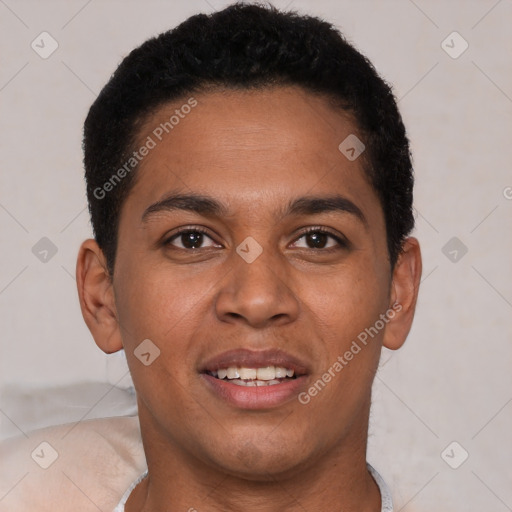 Joyful latino young-adult male with short  brown hair and brown eyes