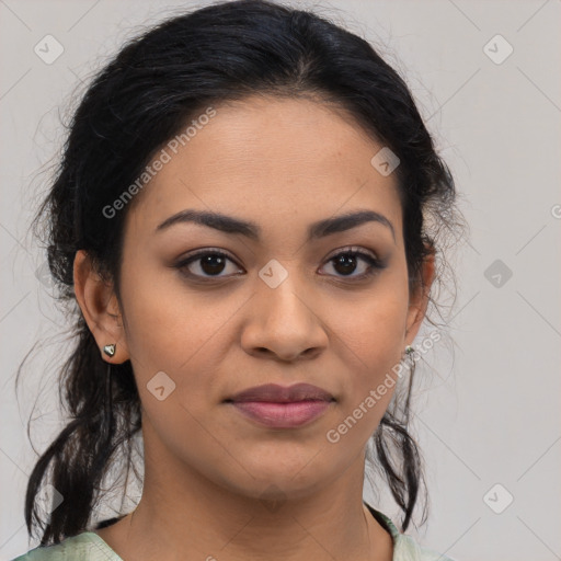 Joyful latino young-adult female with medium  black hair and brown eyes