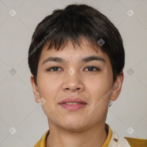 Neutral asian young-adult male with short  brown hair and brown eyes