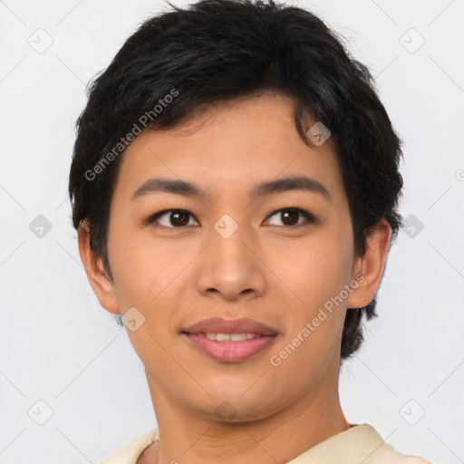 Joyful asian young-adult female with short  brown hair and brown eyes