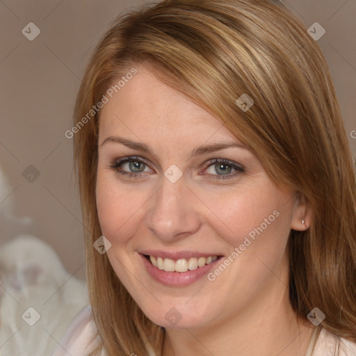 Joyful white young-adult female with medium  brown hair and blue eyes