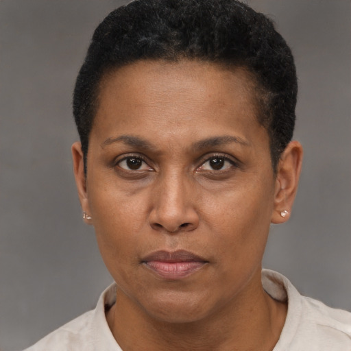 Neutral latino adult female with short  brown hair and brown eyes