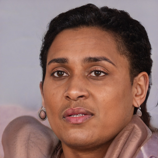 Joyful black adult female with short  brown hair and brown eyes