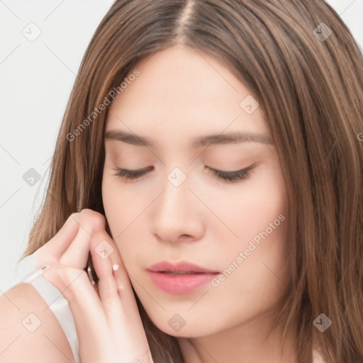 Neutral white young-adult female with long  brown hair and brown eyes