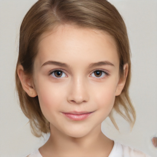 Joyful white child female with medium  brown hair and brown eyes