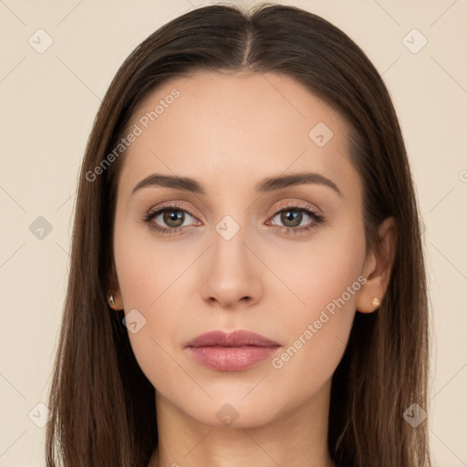 Neutral white young-adult female with long  brown hair and brown eyes