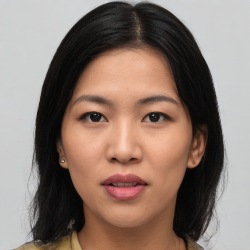 Neutral asian young-adult female with medium  black hair and brown eyes