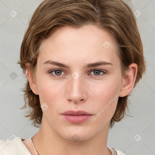 Neutral white young-adult female with medium  brown hair and grey eyes