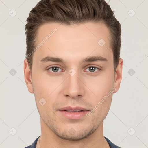 Neutral white young-adult male with short  brown hair and brown eyes