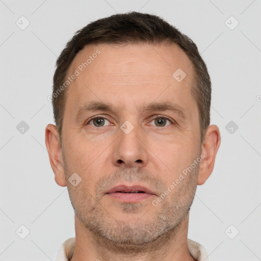 Neutral white adult male with short  brown hair and brown eyes