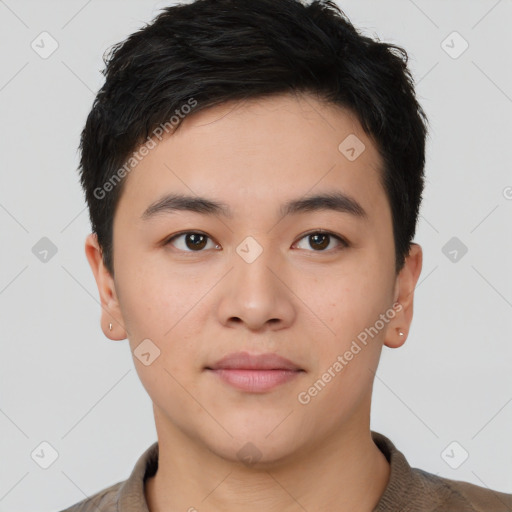 Neutral asian young-adult male with short  black hair and brown eyes