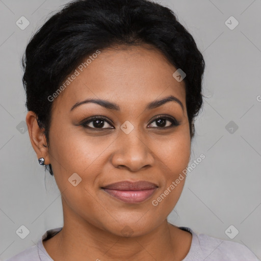 Joyful latino young-adult female with short  brown hair and brown eyes