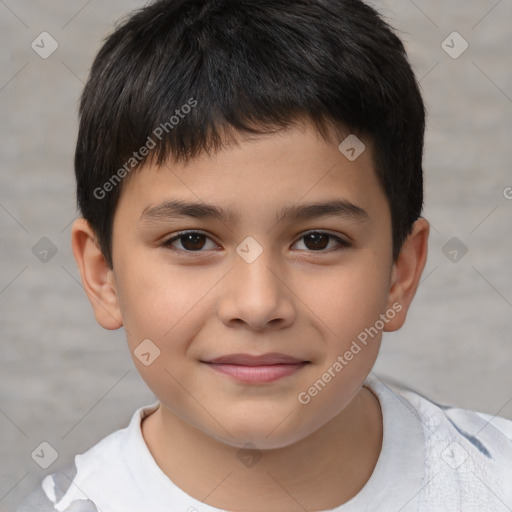 Joyful white child male with short  brown hair and brown eyes