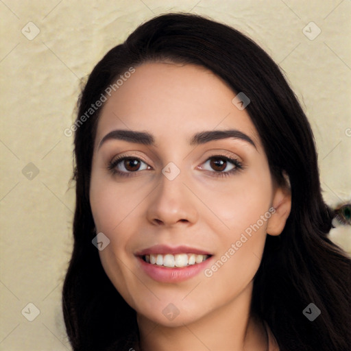 Joyful white young-adult female with long  black hair and brown eyes