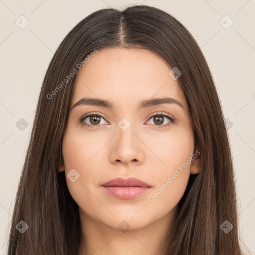 Neutral white young-adult female with long  brown hair and brown eyes