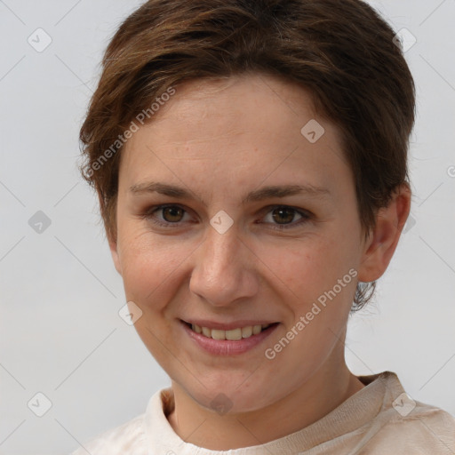 Joyful white young-adult female with short  brown hair and brown eyes