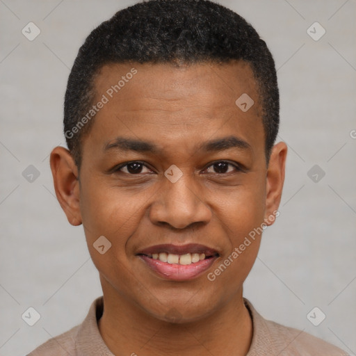 Joyful black young-adult male with short  black hair and brown eyes