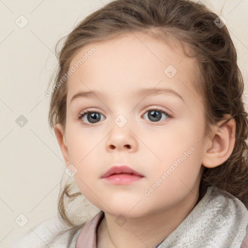 Neutral white child female with medium  brown hair and blue eyes