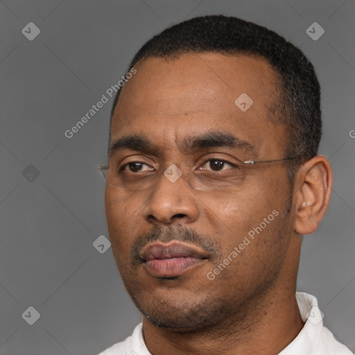 Neutral black adult male with short  black hair and brown eyes