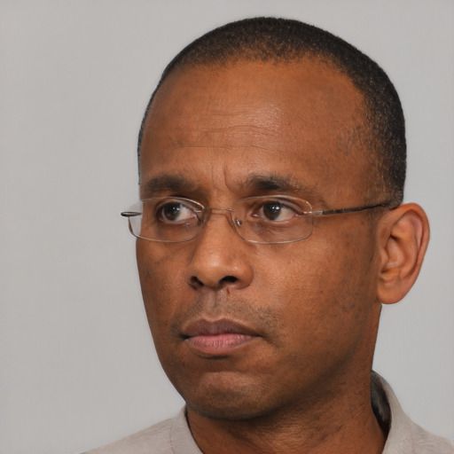 Neutral black adult male with short  black hair and brown eyes