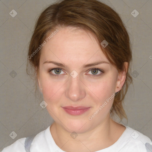 Joyful white young-adult female with medium  brown hair and blue eyes