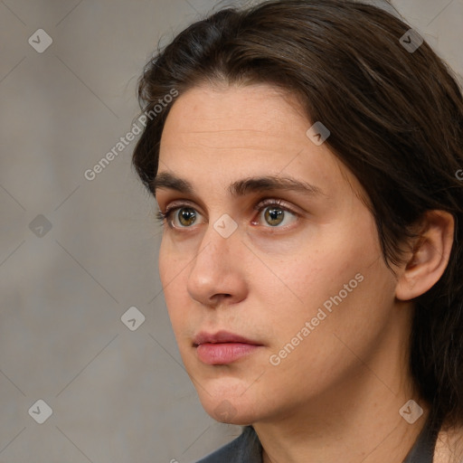 Neutral white young-adult female with medium  brown hair and brown eyes