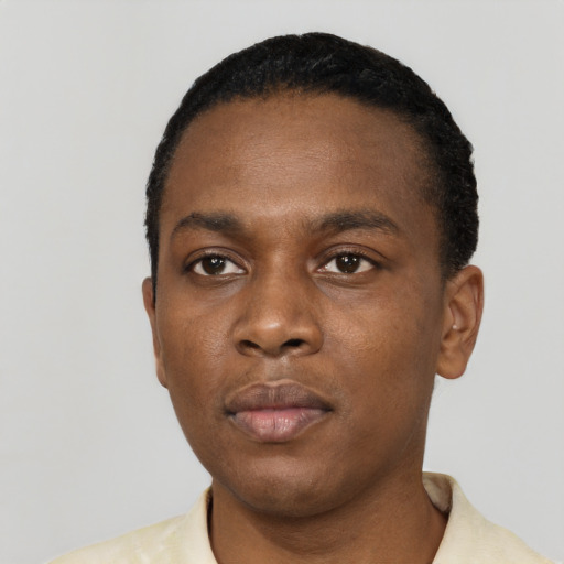Neutral black young-adult male with short  black hair and brown eyes