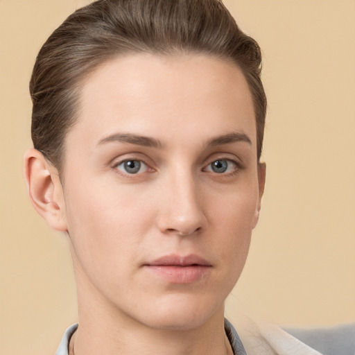 Neutral white young-adult female with short  brown hair and brown eyes