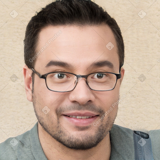 Joyful white young-adult male with short  brown hair and brown eyes