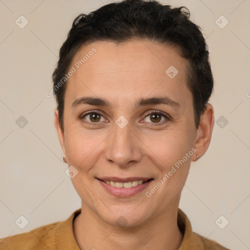 Joyful white adult female with short  brown hair and brown eyes