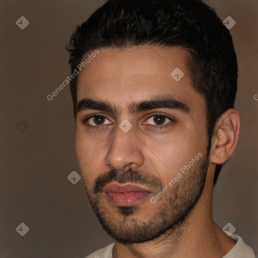 Neutral latino young-adult male with short  black hair and brown eyes