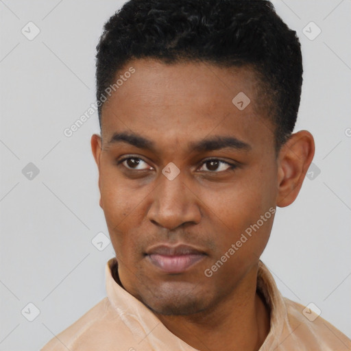 Neutral latino young-adult male with short  black hair and brown eyes