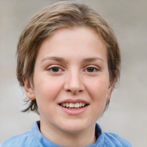 Joyful white child female with medium  brown hair and blue eyes