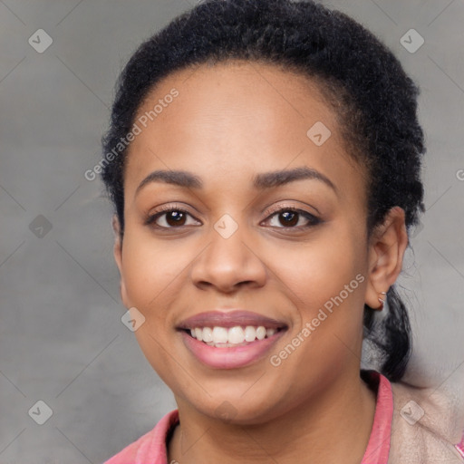 Joyful latino young-adult female with short  black hair and brown eyes