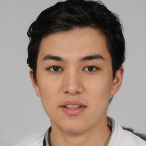 Neutral white young-adult male with short  black hair and brown eyes