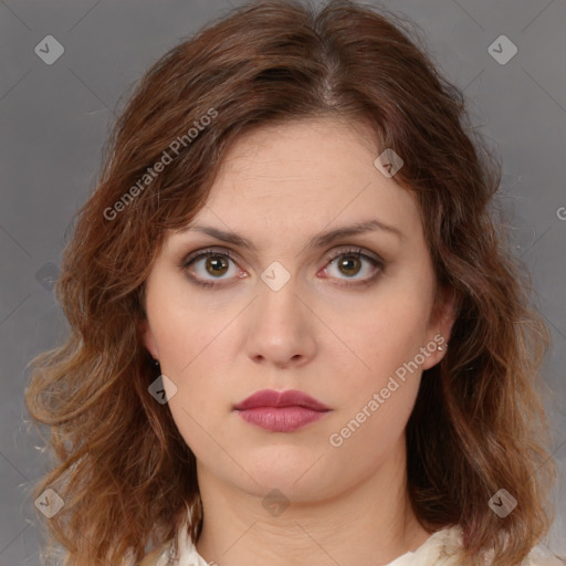 Neutral white young-adult female with medium  brown hair and brown eyes