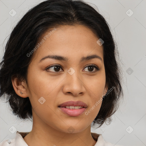 Joyful latino young-adult female with medium  brown hair and brown eyes