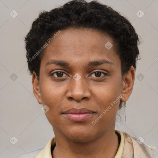 Joyful black young-adult female with short  brown hair and brown eyes