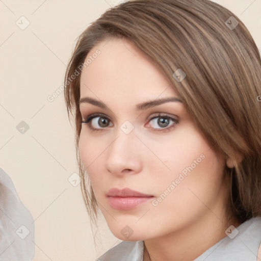 Neutral white young-adult female with medium  brown hair and brown eyes