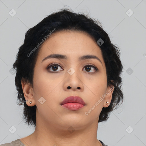 Neutral asian young-adult female with medium  black hair and brown eyes