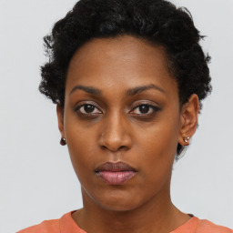 Neutral black young-adult female with short  black hair and brown eyes