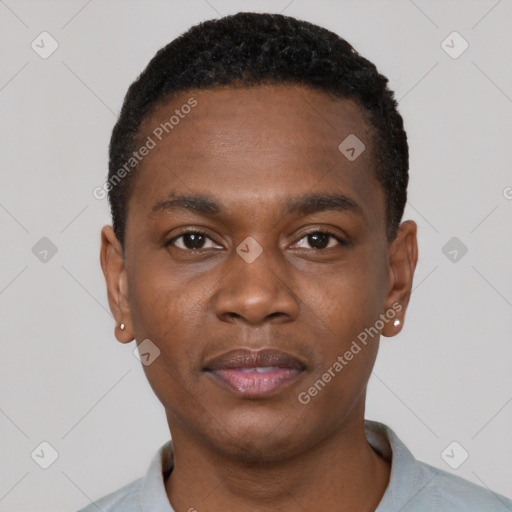 Neutral black young-adult male with short  black hair and brown eyes