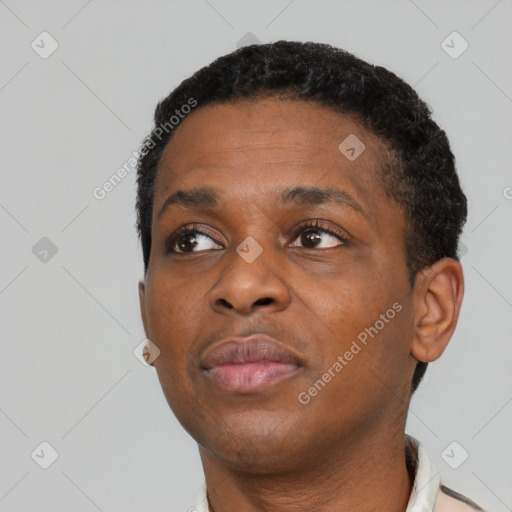 Neutral black young-adult female with short  black hair and brown eyes