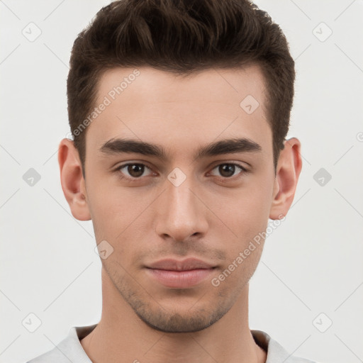 Neutral white young-adult male with short  brown hair and brown eyes