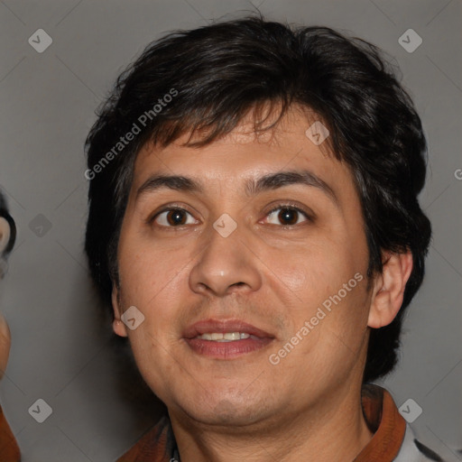 Joyful white adult male with medium  brown hair and brown eyes